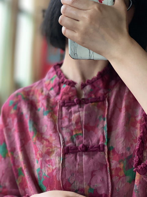 Chemise boutonnée en lin à bords bruts et à fleurs vintage pour femme