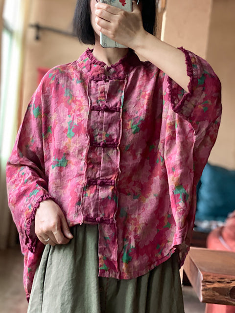 Chemise boutonnée en lin à bords bruts et à fleurs vintage pour femme