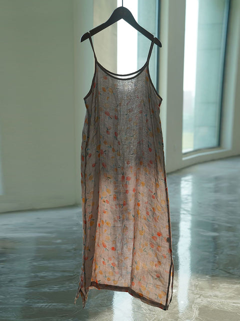 Women Summer Vintage Floral Thin Linen Vest Dress