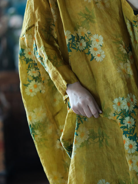 Robe ample d'été en lin à fleurs vintage pour femmes