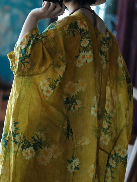 Robe ample d'été en lin à fleurs vintage pour femmes