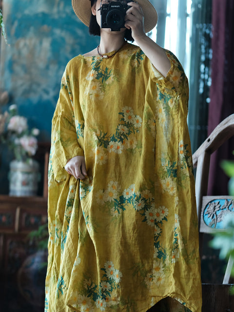 Robe ample d'été en lin à fleurs vintage pour femmes