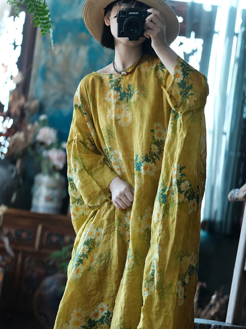 Robe ample d'été en lin à fleurs vintage pour femmes