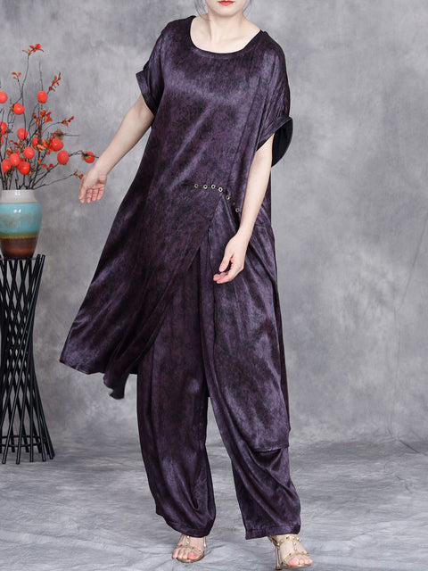 Chemise d'été à ourlet fendu et pantalon large pour femme avec imprimé tie-dye rétro