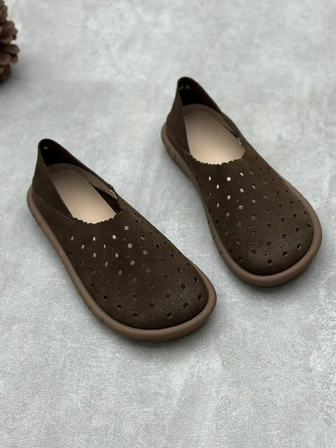 Women Summer Vintage Leather Cutout Soft Flat Shoes