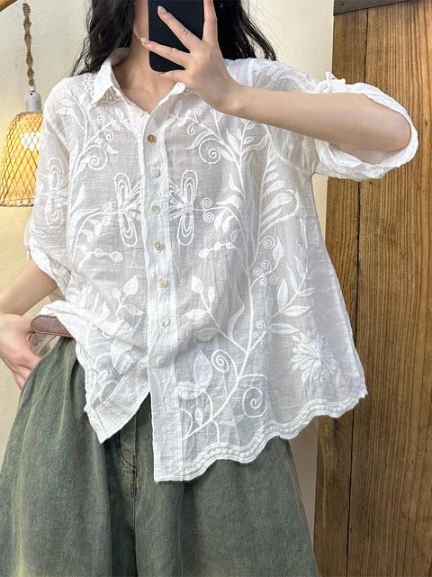 Chemise à col rabattu avec broderie florale artistique pour femme