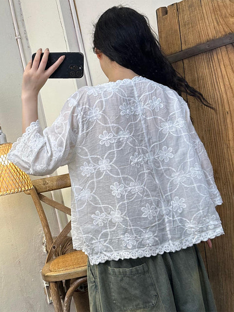 Chemise d'été vintage à broderies de fleurs pour femmes