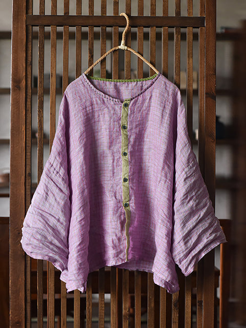 Women Summer Vintage Button-up Long Sleeve Linen Shirt