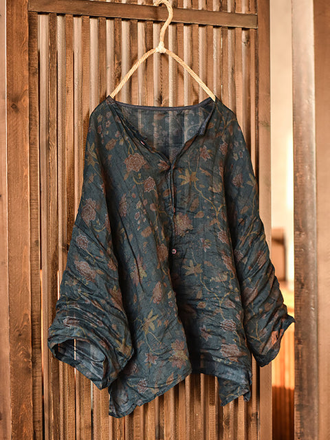 Chemise d'été en lin à manches longues et boutons pour femme