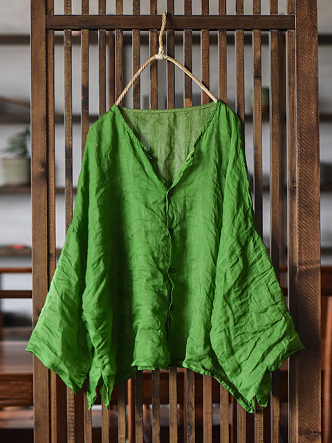 Chemise d'été en lin à manches longues et boutons pour femme