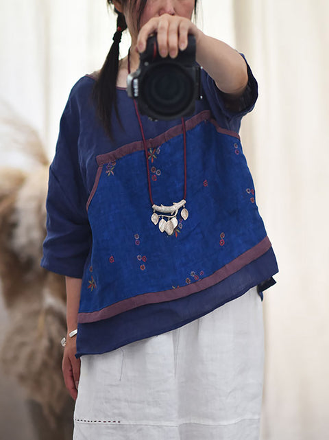 Chemise d'été à col rond avec épissure de fleurs ethniques pour femmes