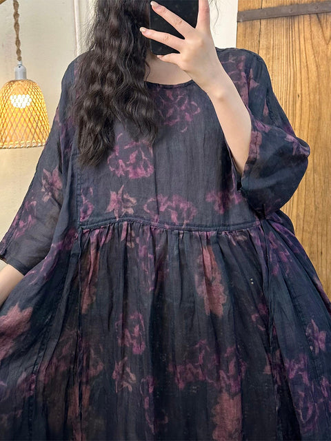 Robe d'été en ramie à col rond et bretelles à fleurs vintage pour femmes de grande taille