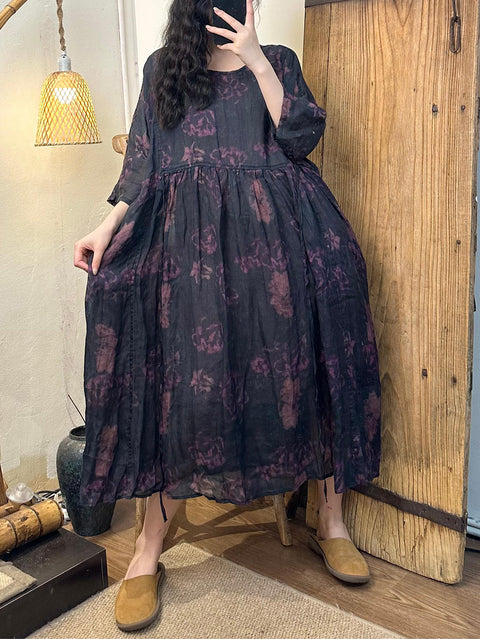 Robe d'été en ramie à col rond et bretelles à fleurs vintage pour femmes de grande taille