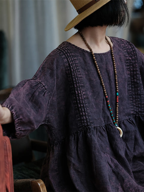 Chemise froncée à col rond rétro d'été pour femme