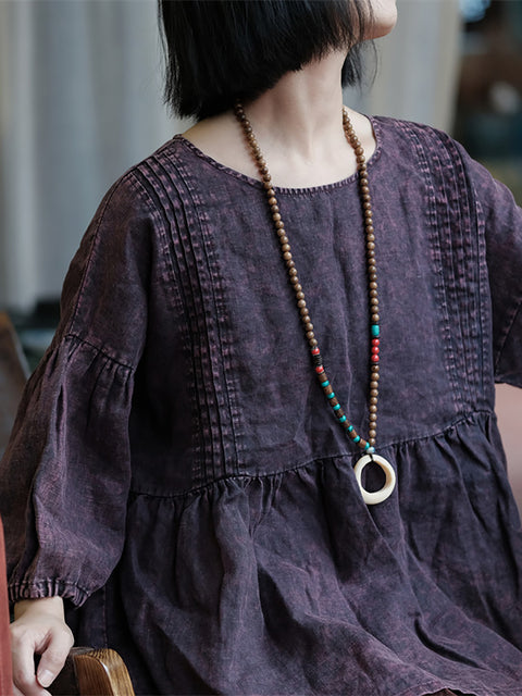 Chemise froncée à col rond rétro d'été pour femme