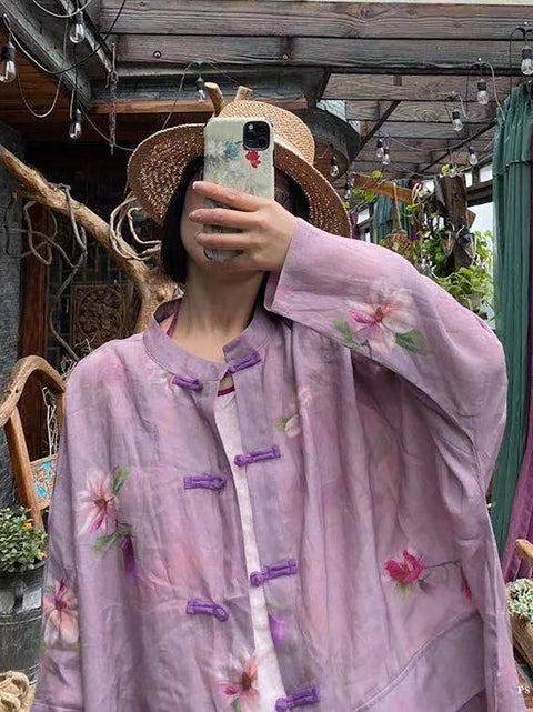 Manteau chemise boutonné à fleurs vintage d'été pour femmes en ramie