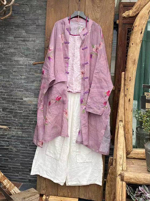 Manteau chemise boutonné à fleurs vintage d'été pour femmes en ramie