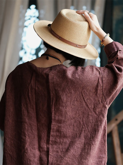 Women Summer Ethnic Solid Linen Button Loose Shirt