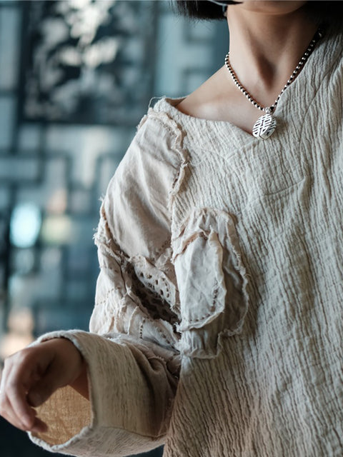 Chemise en lin et coton à col rond avec patch de fleurs rétro pour femme