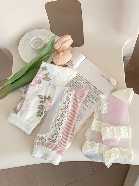 Lot de 3 paires de chaussettes fines en dentelle à fleurs pour femmes