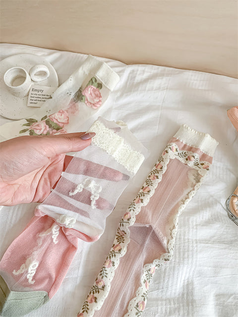 Lot de 3 paires de chaussettes fines en dentelle à fleurs pour femmes