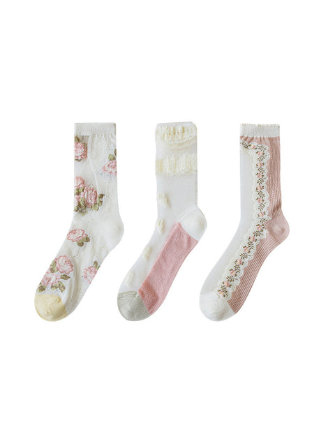 Lot de 3 paires de chaussettes fines en dentelle à fleurs pour femmes