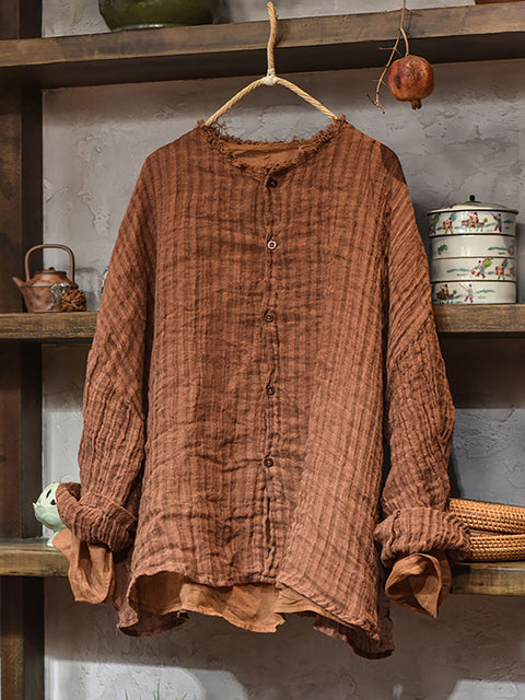 Chemise en lin à bords bruts et rayures vintage pour femme