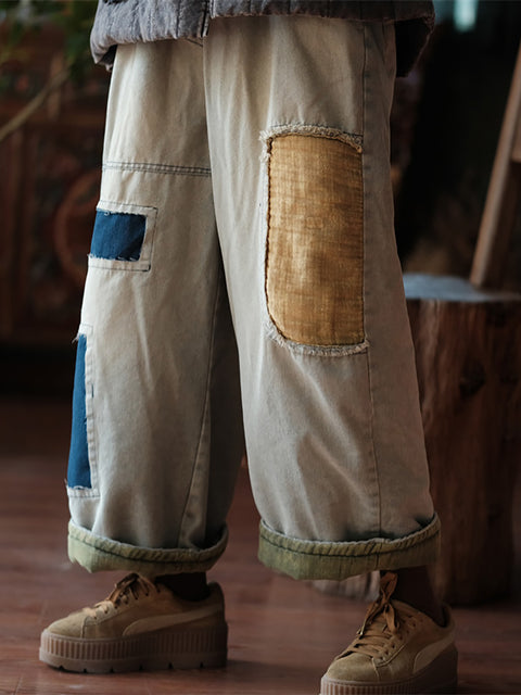 Pantalon sarouel en denim épissé à patchs vintage pour femme