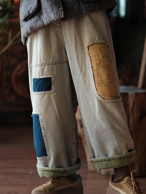 Pantalon sarouel en denim épissé à patchs vintage pour femme