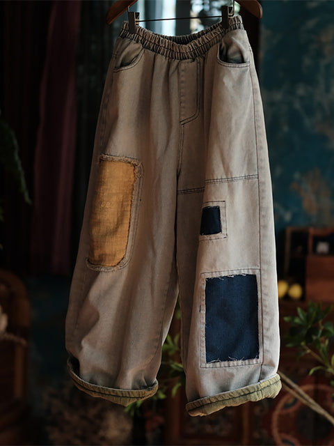 Pantalon sarouel en denim épissé à patchs vintage pour femme