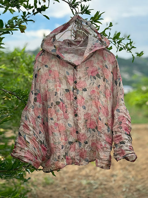 Chemise à capuche en lin fin à fleurs vintage pour femme