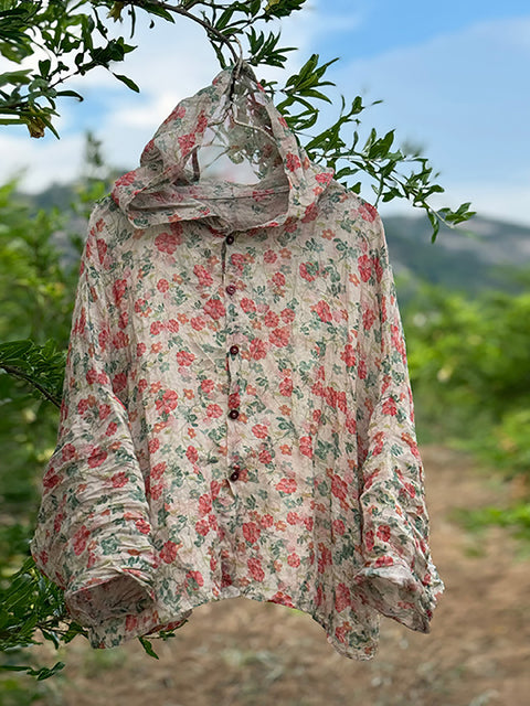 Chemise à capuche en lin fin à fleurs vintage pour femme