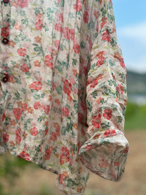 Chemise à capuche en lin fin à fleurs vintage pour femme