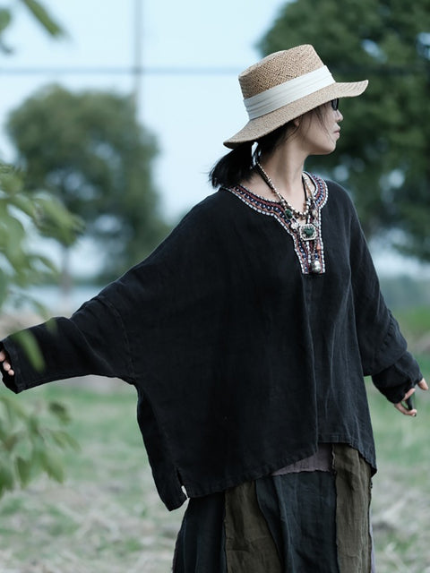 Chemise en lin à manches chauve-souris épissées ethniques pour femmes