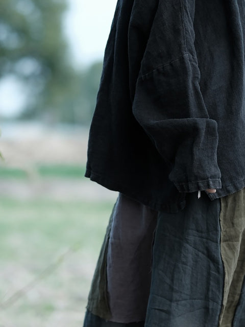 Chemise en lin à manches chauve-souris épissées ethniques pour femmes