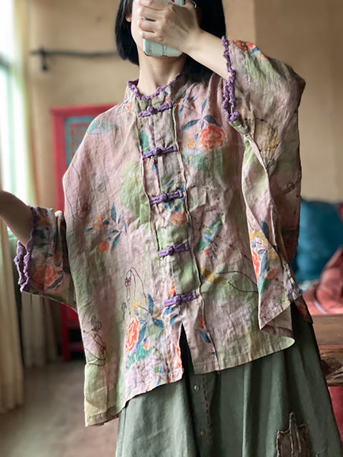 Women Summer Ethnic Flower Button Linen Shirt