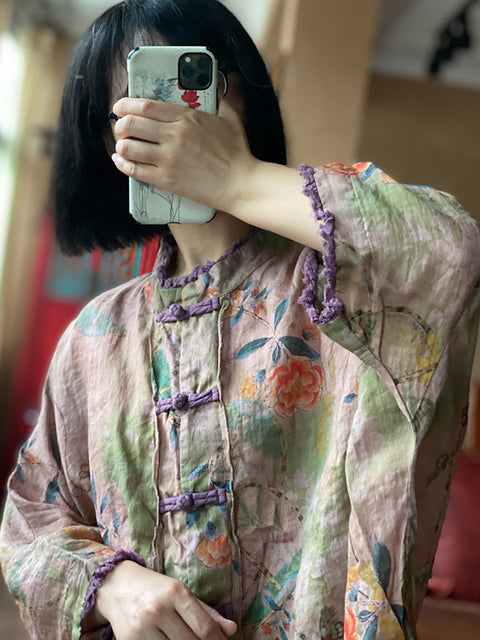 Women Summer Ethnic Flower Button Linen Shirt