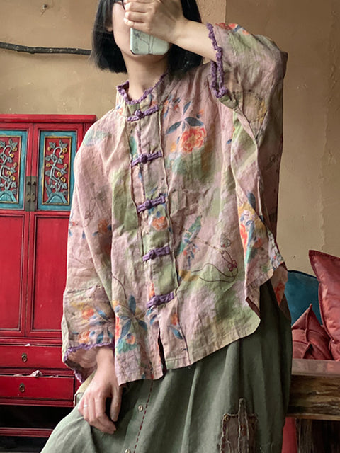 Chemise d'été en lin à boutons et fleurs ethniques pour femmes