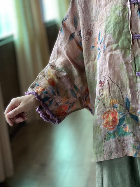 Chemise d'été en lin à boutons et fleurs ethniques pour femmes