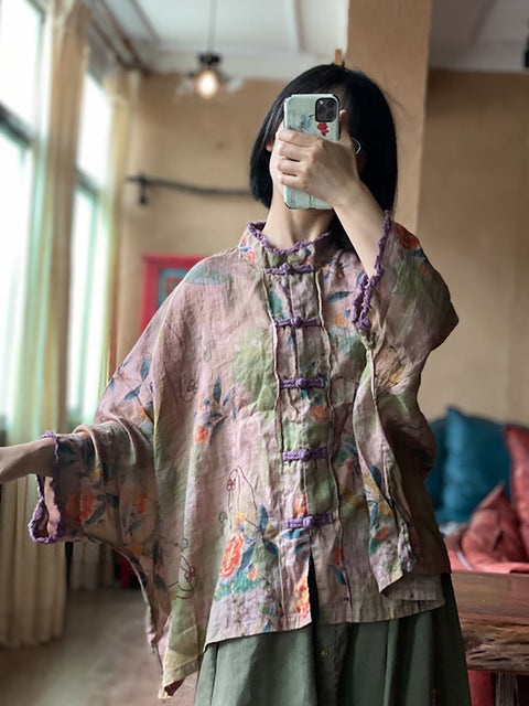 Chemise d'été en lin à boutons et fleurs ethniques pour femmes