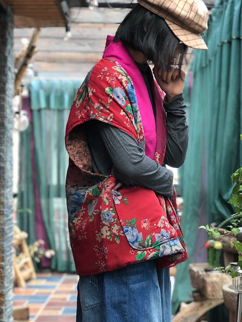 Gilet en coton épissé à patchs de fleurs ethniques pour femmes