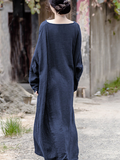 Robe décontractée en coton et lin à col rond pour femme, couleur unie, automne