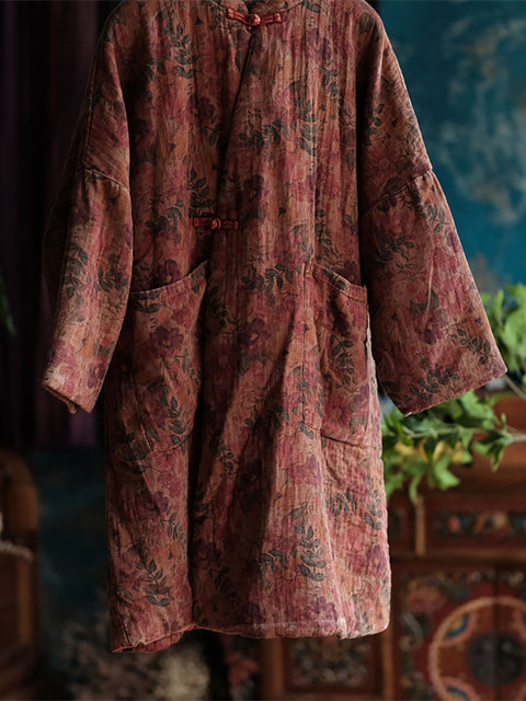 Women Autumn Ethnic Flower 100%Cotton Long Coat