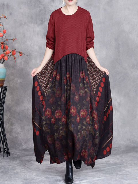 Women Autumn Flower Spliced O-Neck Loose Dress