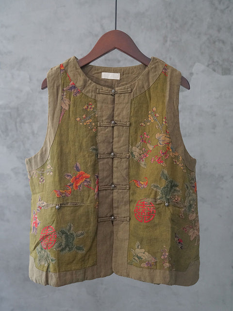 Gilet en lin à col rond et imprimé floral ethnique pour femme