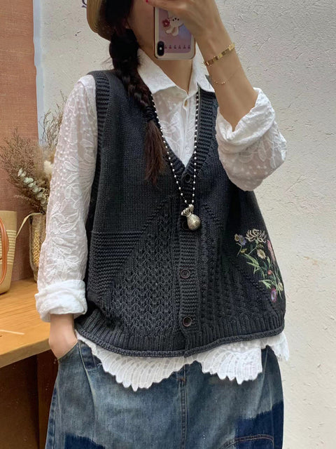 Gilet à capuche en tricot avec broderie florale artistique pour femme