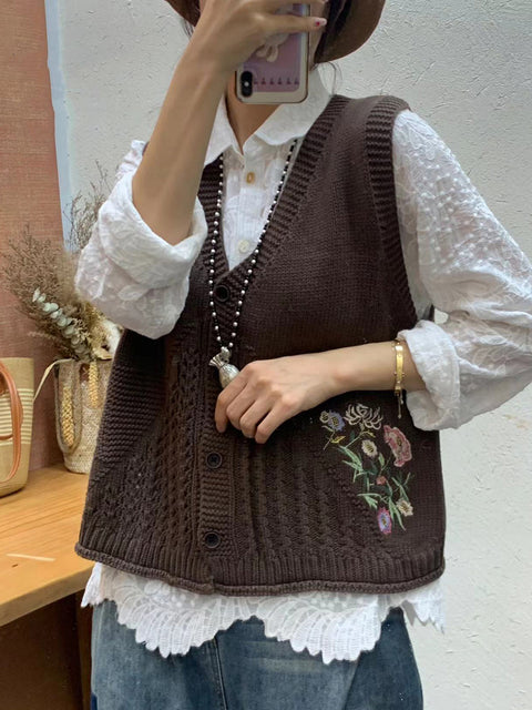 Gilet à capuche en tricot avec broderie florale artistique pour femme