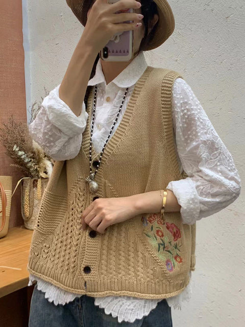 Gilet à capuche en tricot avec broderie florale artistique pour femme