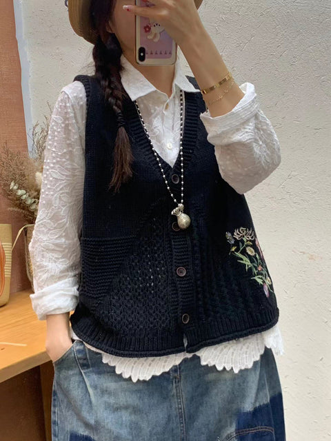 Gilet à capuche en tricot avec broderie florale artistique pour femme