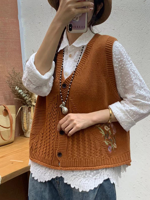 Gilet à capuche en tricot avec broderie florale artistique pour femme